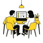 Illustration of two individuals at a table navigating DIY divorce guides and templates for Cambodia's legal process.